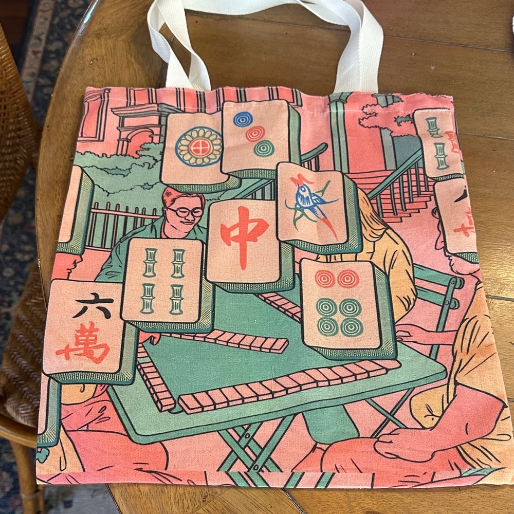 Mahjong Tile Graphic Fabric Tote Bag in Coral and Teal, new